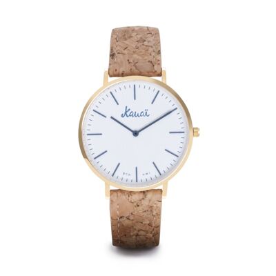 Moana White cork vegan wristwatch | White dial, IP gold steel case and recycled cork strap | Kauai watches