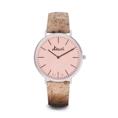 Montre femme rose. Montre-bracelet avec cadran saumon, bracelet en liège végétalien et boîtier en acier | Montres Kauai