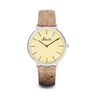 Unisex- und vegane Uhr mit Korkarmband | Uhr für Herren oder Damen mit cremegelbem Zifferblatt aus der Kekahi-Kollektion | Kauai-Uhren