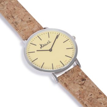 Montre unisexe et vegan avec bracelet en liège | Montre pour homme ou femme avec cadran jaune crème collection Kekahi | Montres Kauai 2