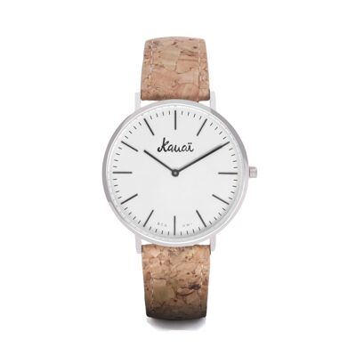 Reloj de mujer y hombre vegano. Reloj de pulsera básico con correa de corcho reciclado, esfera blanca y caja de acero inoxidable | Kauai watches