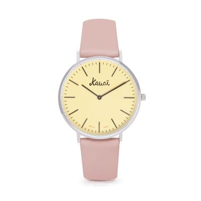 Montre cadran jaune et bracelet cuir rose pastel | Rose Kekahi | Montres Kauai