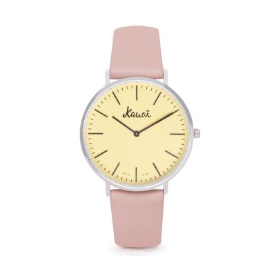 Uhr mit gelbem Zifferblatt und pastellrosa Lederarmband | Kekahi Pink | Kauai-Uhren