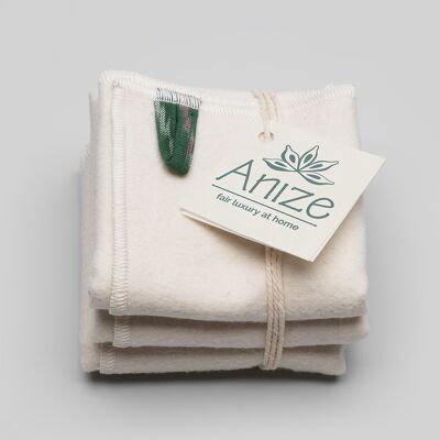 Set of 3 face cloths made of soft cotton flannel and hand woven khadi cotton with green ikat loop