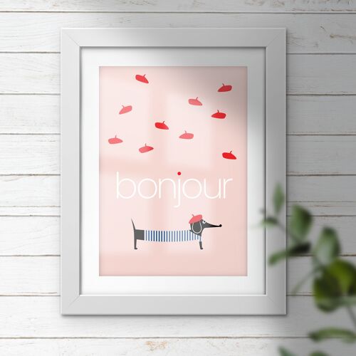 French dachshund dog bonjour typography print