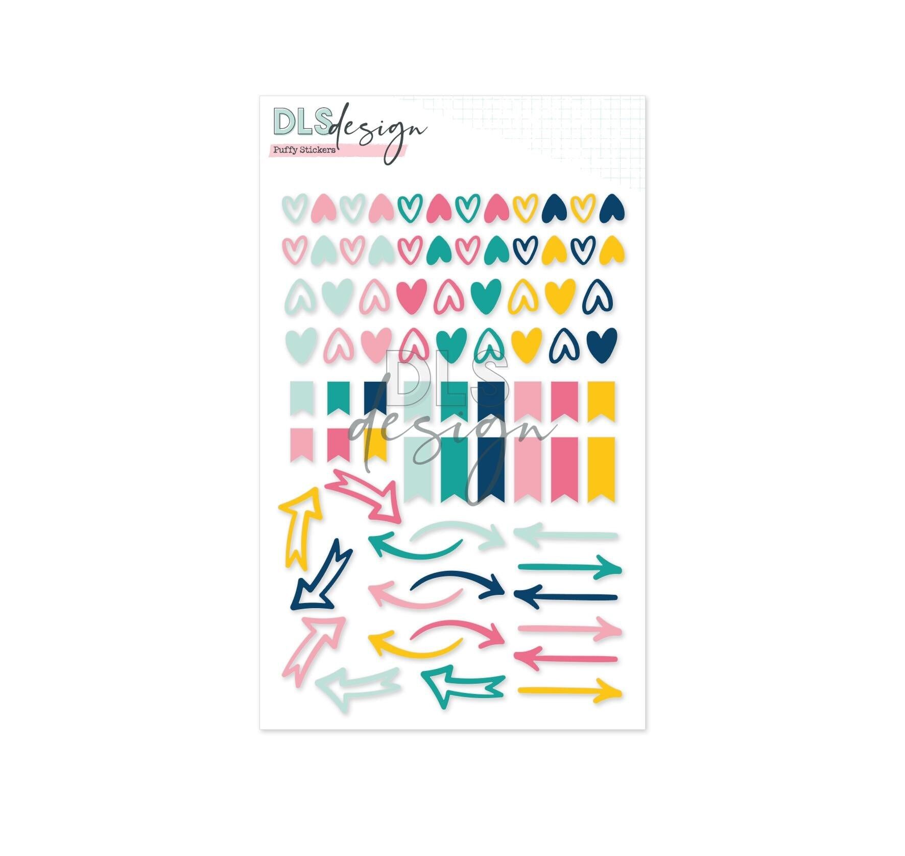 Adesivi gonfi con cuori, bandiere e frecce