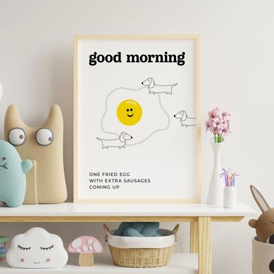 Dachshund dog good morning fried egg and extra sausages print