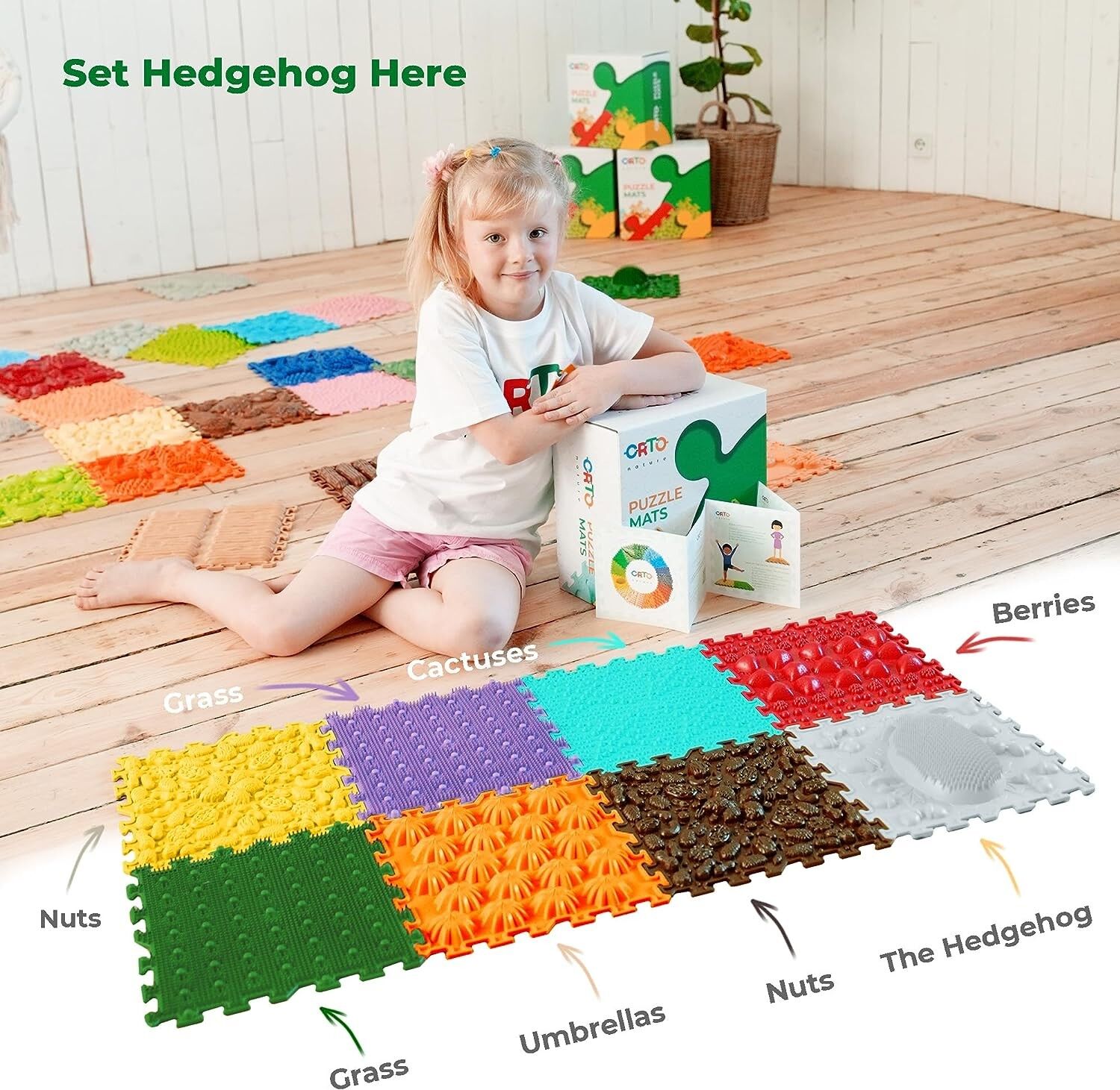 Orthopedic puzzle floor mat - set "Hedgehog Here"