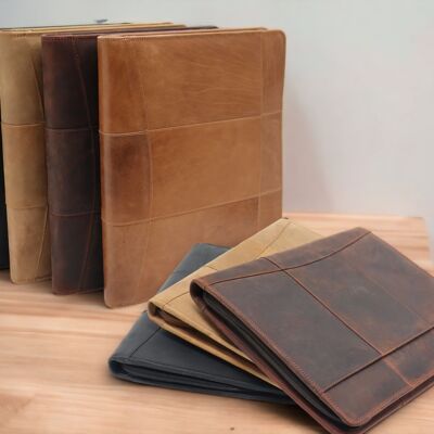 Leather Writing Case A4 - Conference Folder - Workbook - Tablet Cover & Laptop Sleeve - Removable Ring Binder A4