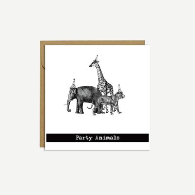 ELEPHANT, GIRAFFE, TIGER - 'Party Animals' - Birthday Card