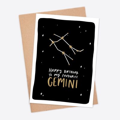 Feliz cumpleaños a mi tarjeta favorita del zodiaco del cumpleaños de Géminis