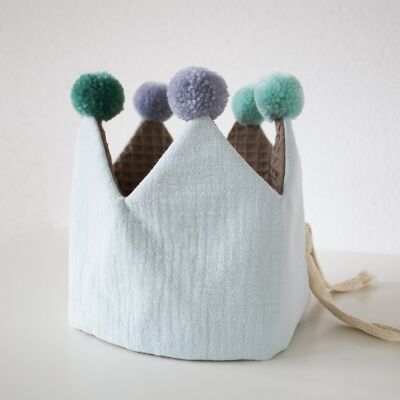 Geburtstagskrone "Musselin" (Smokey Beige/Mint) mit Pompons