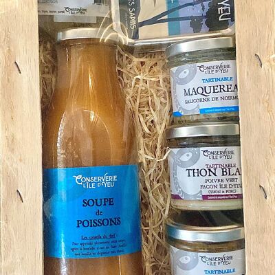 Cassetta Merveille de l'Ile d'Yeu (1050 g) 3 creme spalmabili, 1 zuppa di pesce, 1 sale