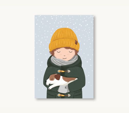 Postkarte Winter - Junge mit Hund
