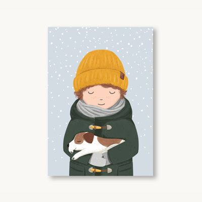 Carte postale hiver - garçon avec chien
