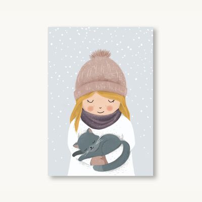Postkarte Winter - Mädchen mit Katze