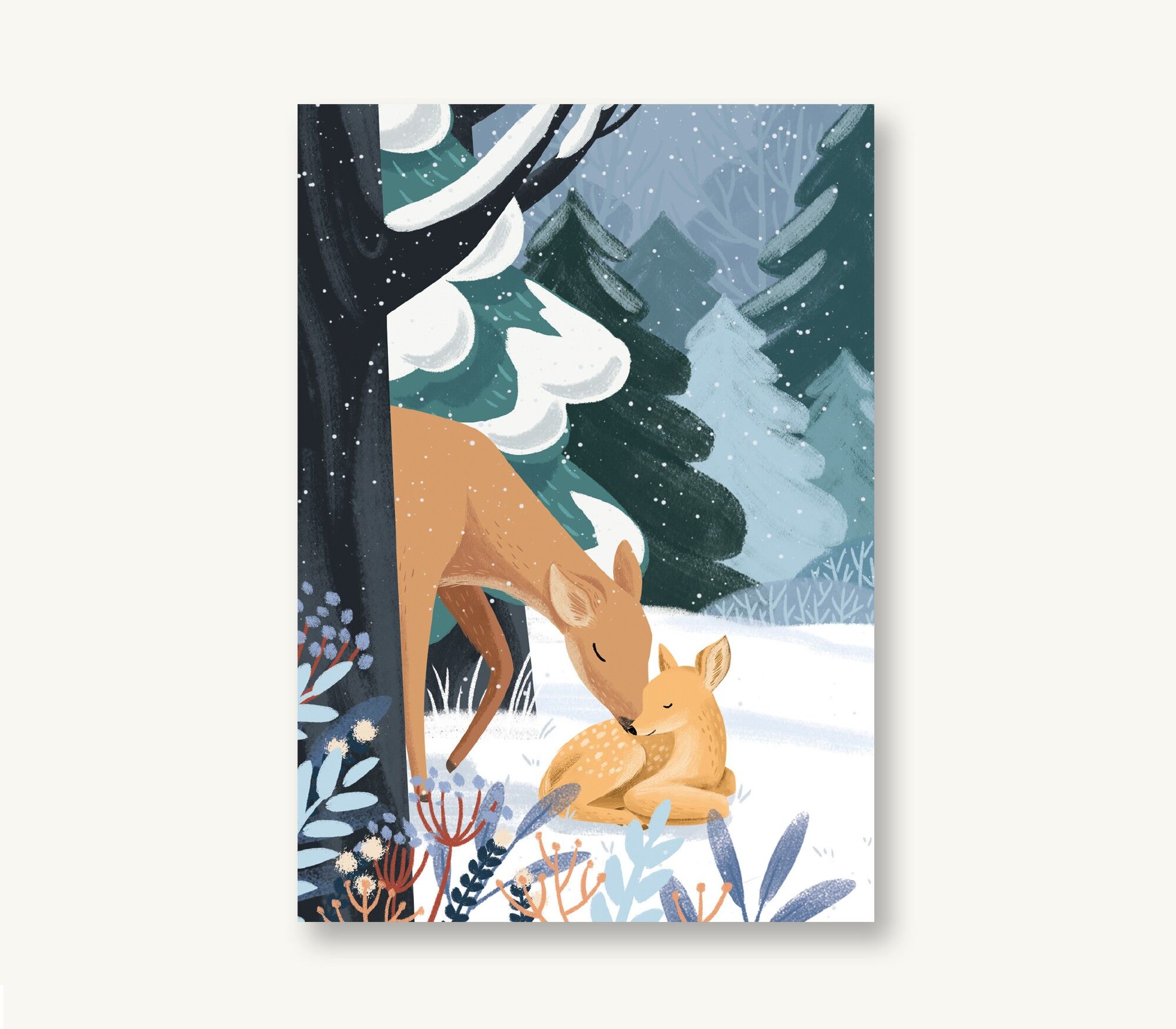 Postkarte Winter - Rehe Waldtiere