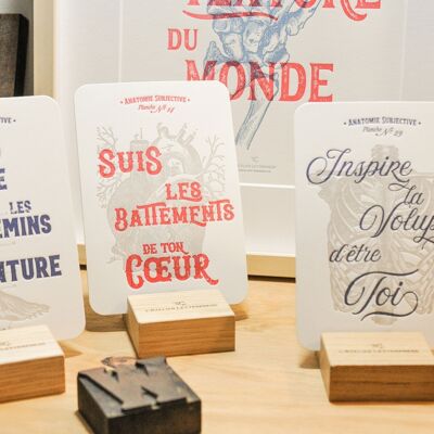 Pack Test: le 10 carte Letterpress Anatomia Soggettiva, olistica, vintage, carta molto spessa, blu, rossa