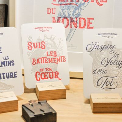 Pack Test: the 10 Letterpress cards Subjective Anatomy, holistic, vintage, very thick paper, blue, red
