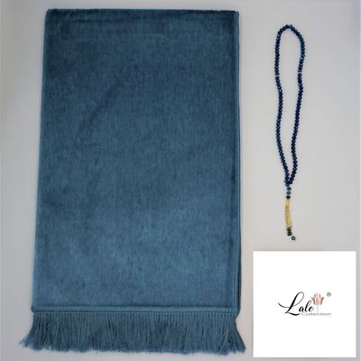 Juego de alfombras de oración de terciopelo azul jeans - sin bordado