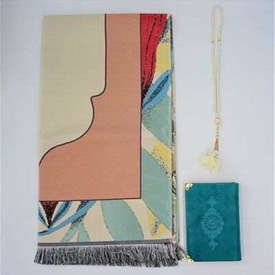 Premium Satin Prayer Mat Set Floral Turquoise - Without embroidery