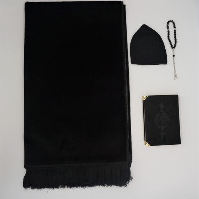 Deluxe Velvet Prayer Mat Set Black - Without embroidery