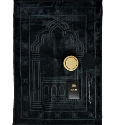 Luxury Men's XXL Prayer Mat Set Super-Soft Black & Oud Bakhoor - Without embroidery