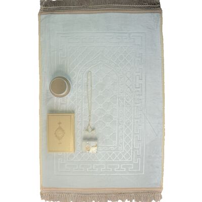 Ultra Premium XXL Prayer Mat Set Super-Soft White-Gold & Oud Bakhoor & Natural Soap - Without embroidery
