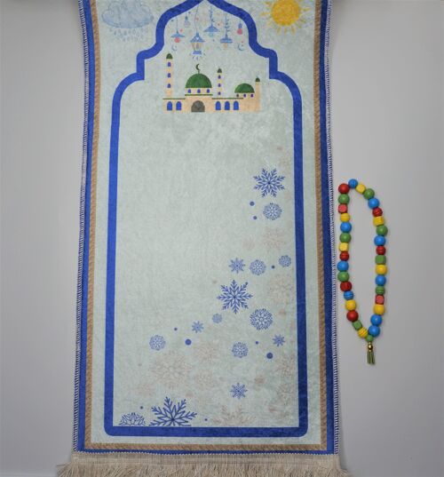 Kids Gebetsteppich-Set Blau mit Gebetskette - Ohne Bestickung