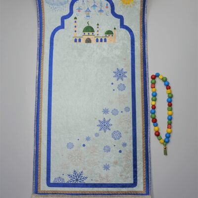 Ensemble de tapis de prière pour enfants bleu avec chapelet - sans broderie