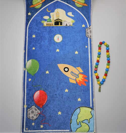 Kids Gebetsteppich-Set Rocket mit Gebetskette - Ohne Bestickung