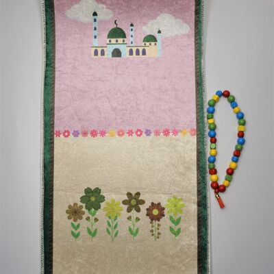 Set tappeto da preghiera per bambini Fiori con grani di preghiera - Senza ricamo