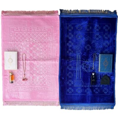 Set di tappetini da preghiera per coppie di lusso in morbido blu e rosa - senza ricamo