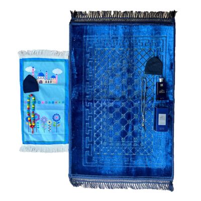 Set tappeto da preghiera Premium Daddy & Son morbido in blu - senza ricamo