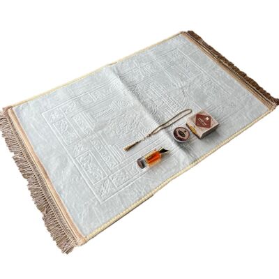 Deluxe XXL prayer rug set Super-Soft White-Gold & Agarwood Bakhoor & Eau de Parfum - Without embroidery