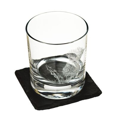 Thistle Engraved  Style Glass Tumbler with Slate Coaster Gift Set