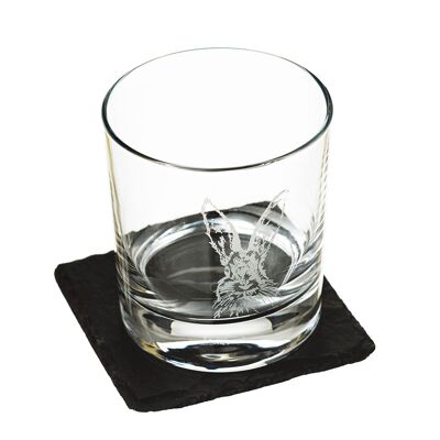 Hare Engraved Style Glass Tumbler  with Slate Coaster Gift Set