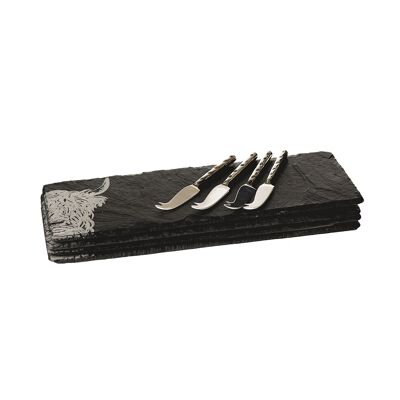 4 Slate Mini Highland Cow Cheese Board & Knife Set