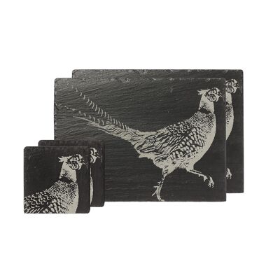 Set of 2 Pheasant Slate Coasters & Place Mats