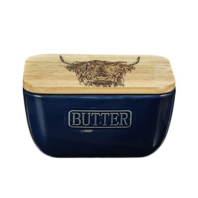 Highland Cow Oak and Ceramic Butter Dish - Blue