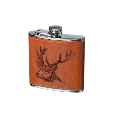 Stag Engraved Leather Wrapped Hipflask