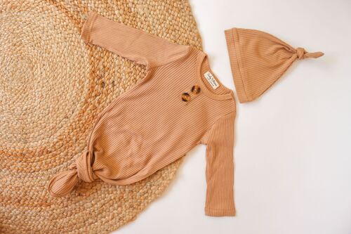 COTTON RIB BABY SWADDLE & KNOT HAT ( mocca color )