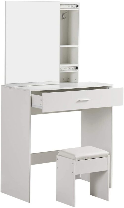 Dressing Table, Vanity Table Set with Sliding Mirror and Stool, Large Storage for Makeup (White)