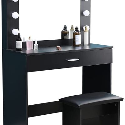 Coiffeuse avec miroir LED Hollywood, bureau de maquillage avec tabouret et tiroir pour chambre, noir