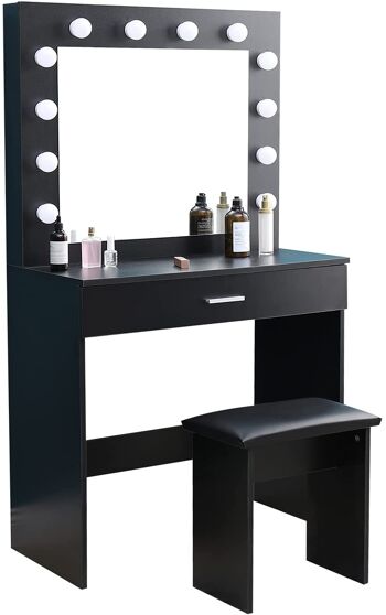 Coiffeuse avec miroir LED Hollywood, bureau de maquillage avec tabouret et tiroir pour chambre, noir 1