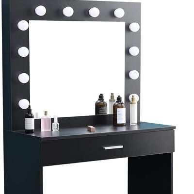 Coiffeuse avec miroir LED Hollywood, bureau de maquillage avec tabouret et tiroir pour chambre, noir