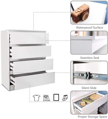 Commode, Table de Chevet Armoire avec 4 Tiroirs de Rangement en Bois pour Chambre Salon, Blanc 4