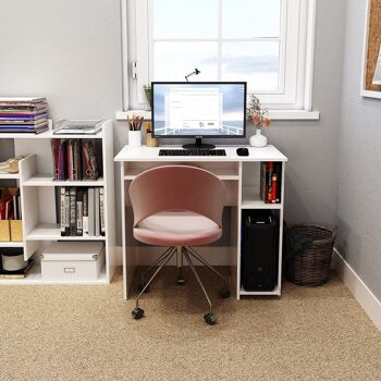 Bureau d'ordinateur, bureau avec 2 étagères ouvertes pour bureau d'étude de jeu dans un petit espace, blanc 2