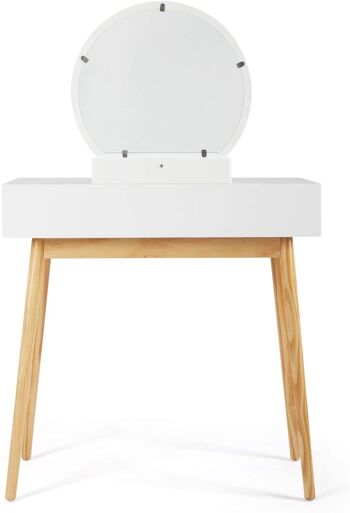 Coiffeuse avec tabouret miroir rond 2 tiroirs en bois style moderne pour chambre à coucher, blanc 5