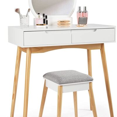 Dressing Table with Round Mirror Stool 2 Drawers Wooden Modern Style for Bedroom, White